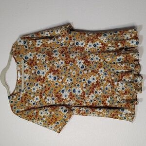 Time And Tru Mustard, Blue and White Floral Short Sleeve Ruffled Hem Size XXL